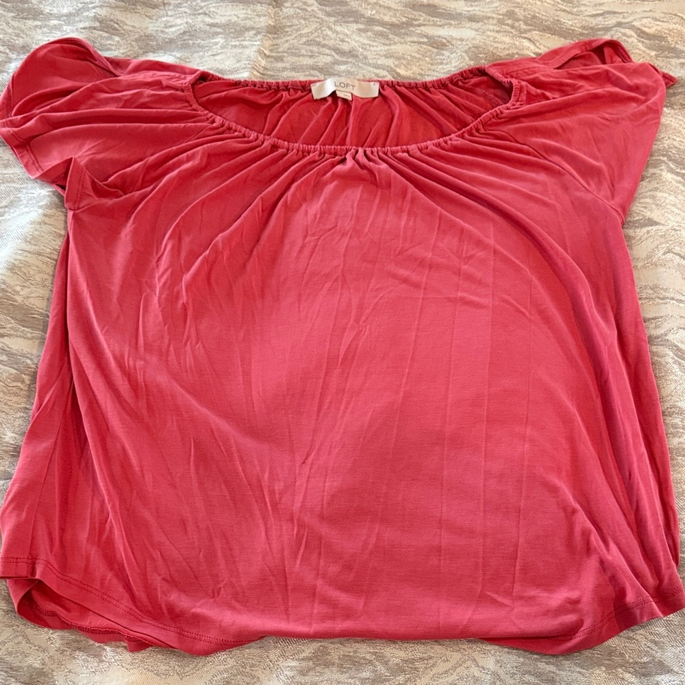 LOFT Short-Sleeve Gathered Neck Top - Raspberry Pink